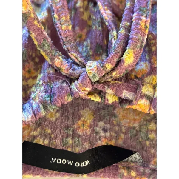 Vero Moda Purple Floral Crinkle‎ Mini Dress XS Milkmaid Tie Front Adj. Strap - Image 6