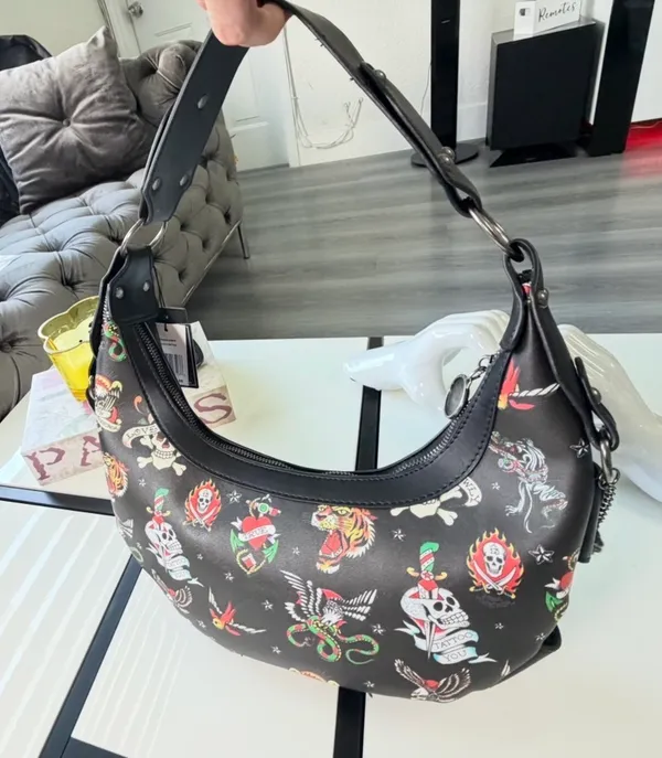🔥 NWT Ed Hardy Y2K Tattoo Print Studded Hobo Bag Black 🖤 - Image 16