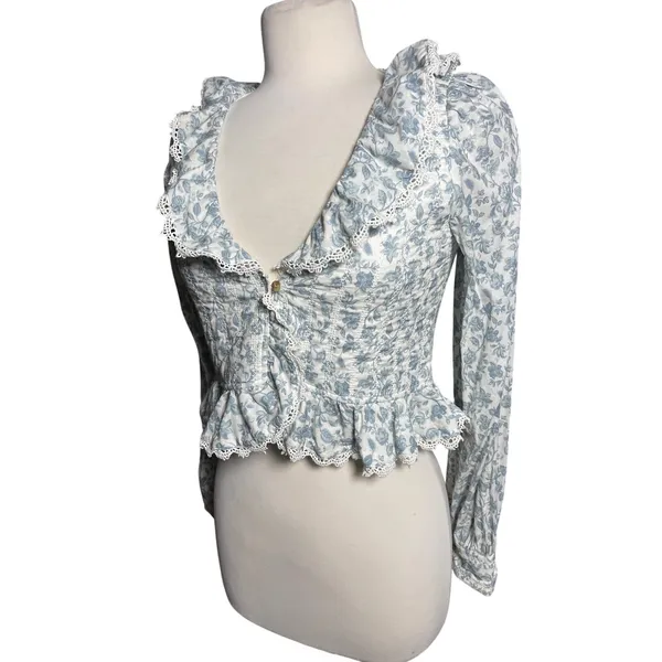 SEZANE Women’s Alexiana Blouse Blue Floral Print Quilted Long Sleeve - Image 7