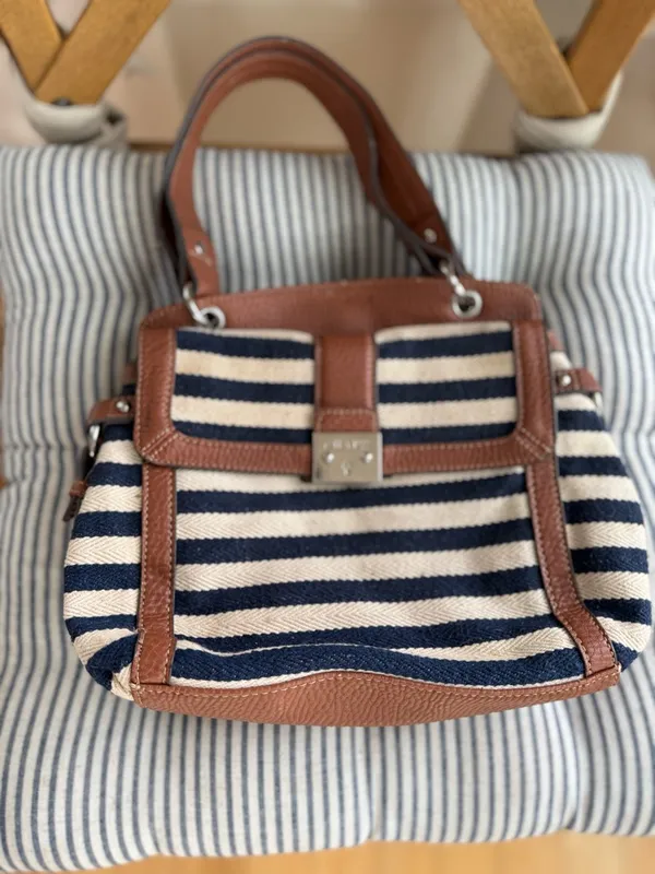 Vintage Chaps Navy Blue and Ivory Striped Shoulder Bag Purse - Image 7