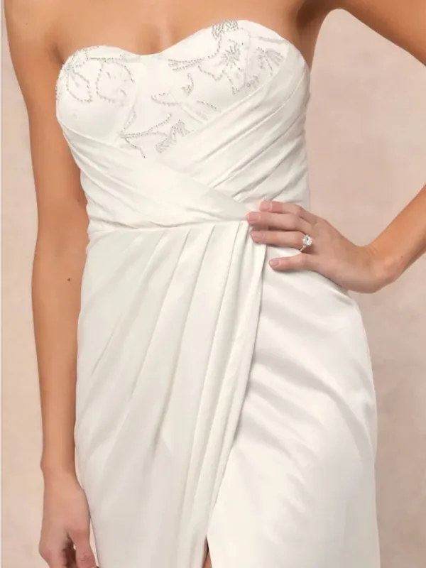 Lulu's Ivory Strapless beaded Sweetheart Gown with Draped Front Slit - Image 4