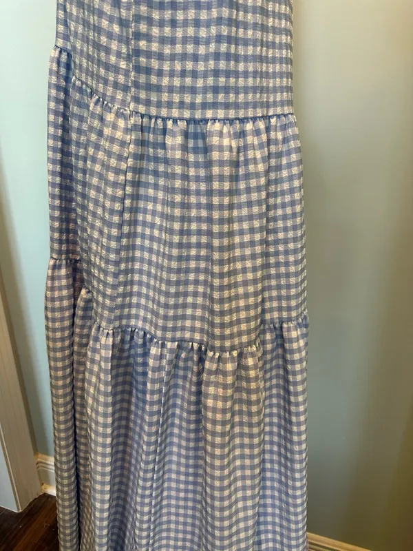 En Saison Blue/White Gingham Check Seersucker Tiered Maxi Dress size Large - Image 5