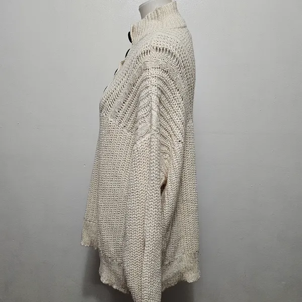 Aerie Cream Button Mockneck Cable Knit Detail Sweater Size Large - Image 3