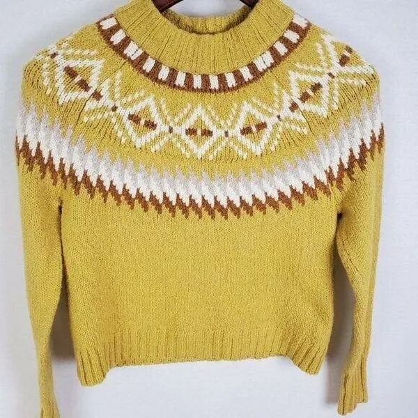 American Eagle Sweater XS Yellow Tan Fairisle Cropped Aztec High Crew Neck Soft - Image 3