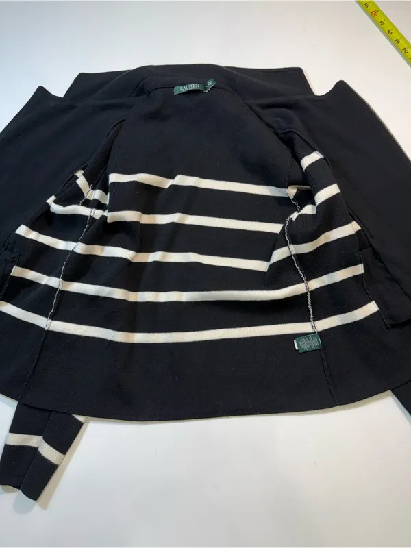 Lauren Ralph Lauren Cotton Blend Black and White Striped Zip Cardigan - Image 5