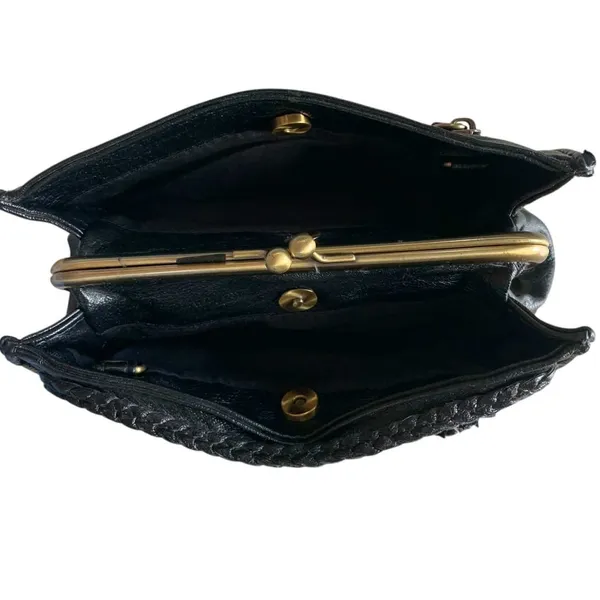 Anthropologie Clutch Bag Womens OS Black Woven Kiss Lock Retro Boho Academia - Image 4