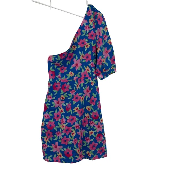 Lulus Gorgeous Garden Floral One-Shoulder Faux-Wrap Mini Dress Large Blue Pink - Image 6