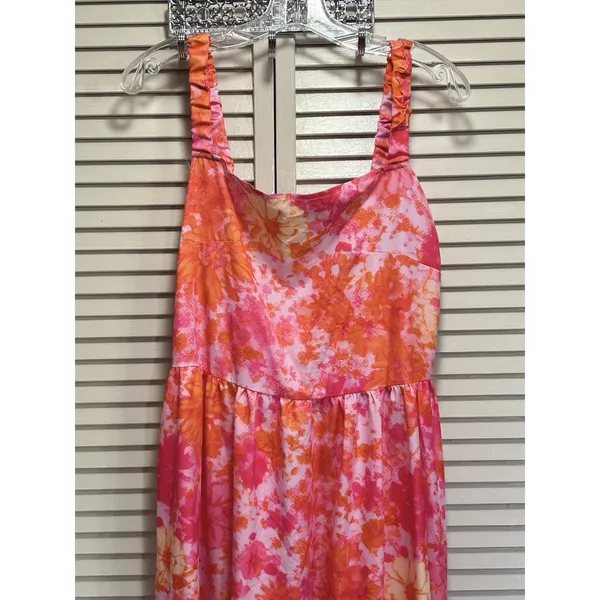 Bright Pink/Orange Floral Maxi Dress Sleeveless Size 1X Elastic Straps & Back - Image 2