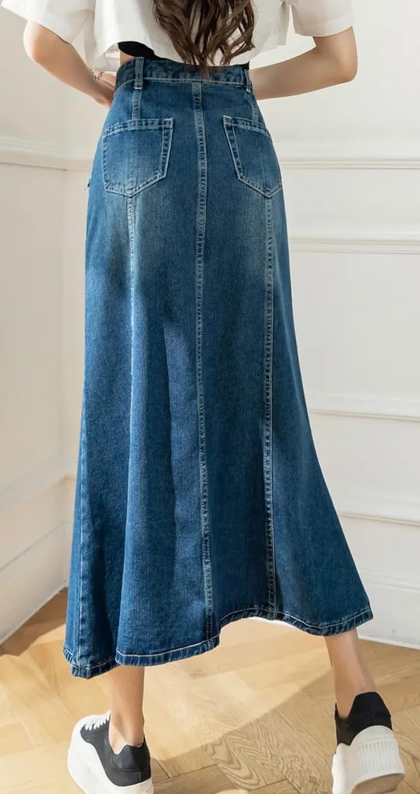 Denim lace trim A-Line Maxi Skirt - Image 7