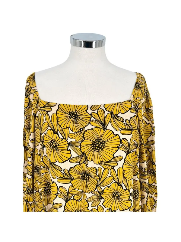 Anthropologie Morgyn Retro Boho Chic Floral Tunic Dress Yellow Ivory Size Large - Image 2