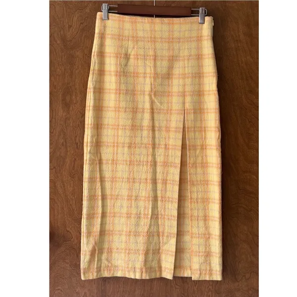 Zara sz S Gingham Yellow Plaid High Rise Split Midi Skirt Retro Mod Bloggers Fav - Image 7