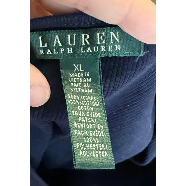 Ralph Lauren LRL XL Sweater Top Navy Blue Quilted Suede Shoulder‎ Patch Ribbed - Image 3