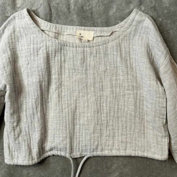 A. Ren Cotton Crinkle Gauze Crop Top Womens S Long Sleeve Drawstring Boho Beige - Image 8