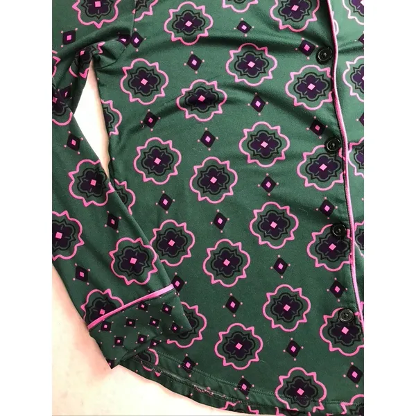 Room Service Pajama Set Women Small Green Pink Geometric Long Sleeve‎ - Image 3