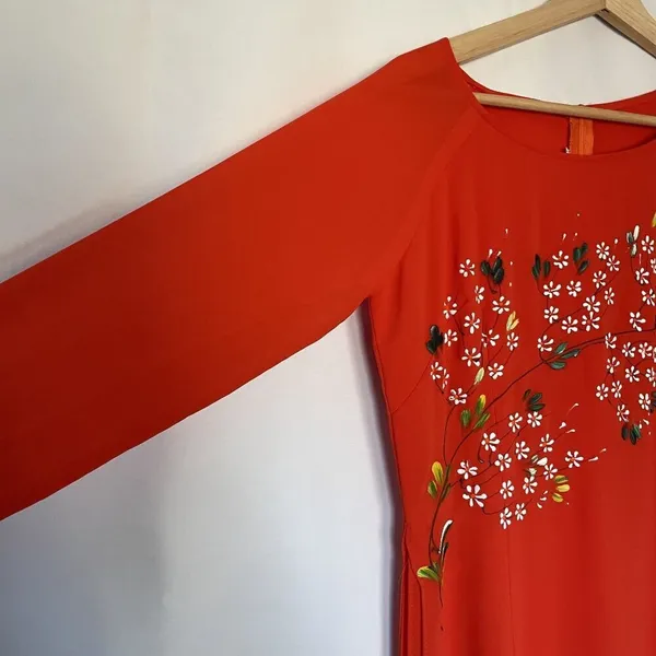 Vintage Floral hand painted Red Maxi Dress‎ Womens XL Long Sleeve high slits - Image 4