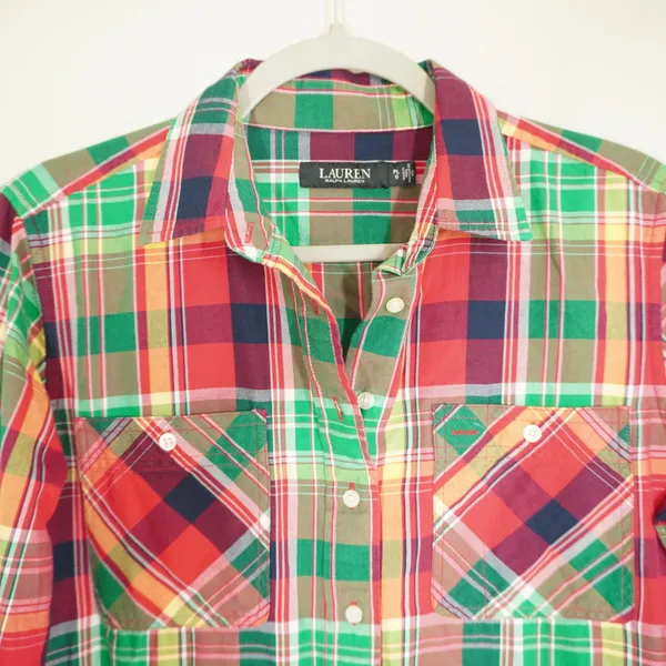 Lauren Ralph Lauren Women's Fall Plaid Button Down Shirt Roll Tab Petite Large - Image 2