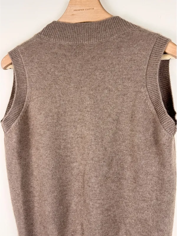 100% Cashmere V-Neck Sweater Vest Taupe Brown Sleeveless Quiet Luxury S M - Image 6