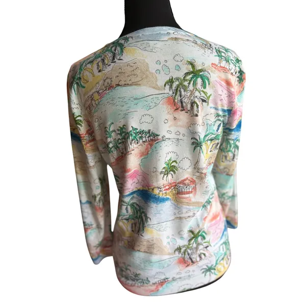 Talbots Petite Tropical Scenic Print Cardigan Sweater SP Coastal Resort - Image 7