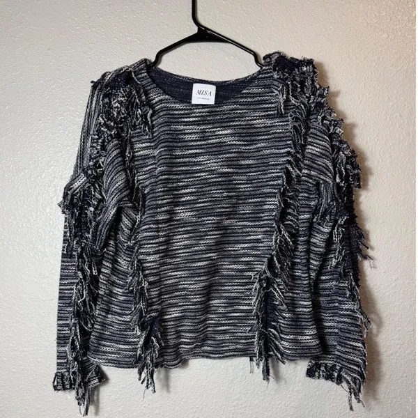 MISA Los Angeles‎ Fringe Sweater Black White Textured Knit Size S - Image 2