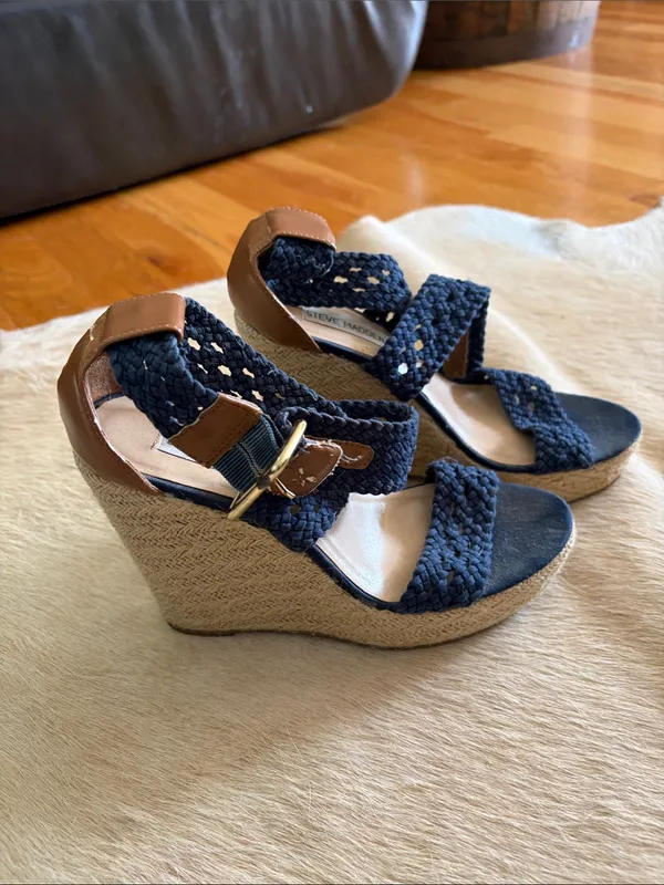 Steve Madden Navy Braided Espadrille Wedges with Tan Trim - Image 4