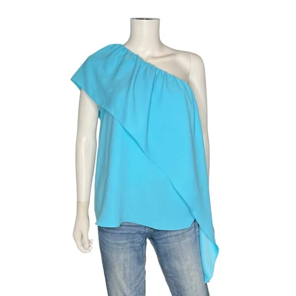 Trina Turk One Shoulder Ruffle Top Blue Asymmetrical Blouse M Resort Chic Spring - Image 3