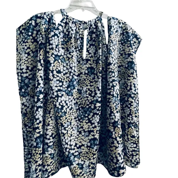 Michael Kors‎ Floral Cold Shoulder Chain Halter Neck Blouse Navy Blue Cream L - Image 5