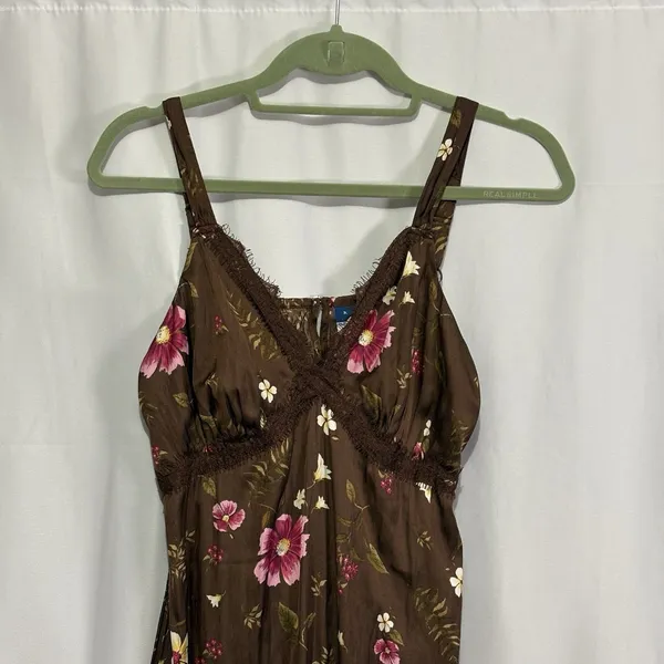 Old Navy Women’sLace-Trimmed Satin Cami Slip Dress M Brown Floral Midi Babydoll - Image 6