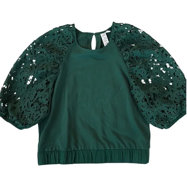 Like New Anthropologie Dolan Lace Puff Sleeve Sweatshirt Top Green Size Small - Image 4