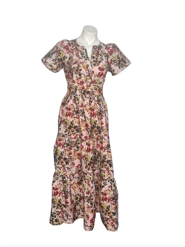 ANTHROPOLOGIE The Somerset Maxi Dress Medium Pink Floral Elastic Waist Size XS - Image 2