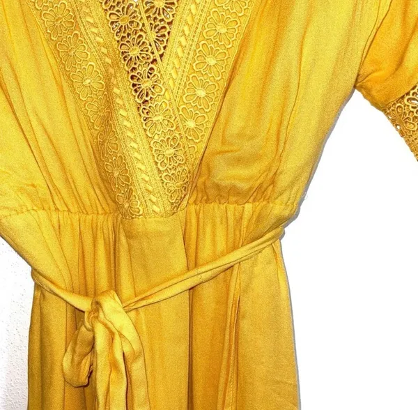 Altar’d State Crochet Wrap Mini Dress Yellow Belted V-neck - Image 4