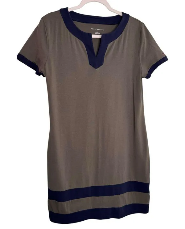 Tommy Hilfiger Womens Contrast Trim Shift Dress Taupe Navy Size Large - Image 3