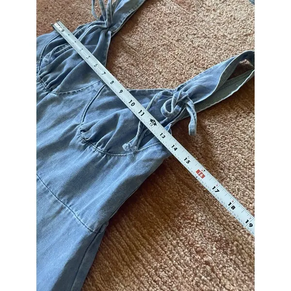 Denim Blue Sleeveless Mini Dress With Ruffle Hem and Tie Straps - Image 3