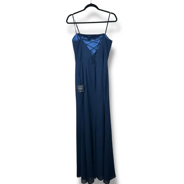 NEW Lulus Feeling Elegant Navy Blue Lace-Up Back Slit Chiffon Maxi Dress Medium - Image 8
