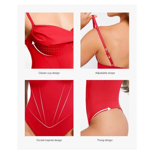 NWT Popilush Red Corset Cowl Neck Tummy Control Thong Bodysuit Shapewear Large - Image 3