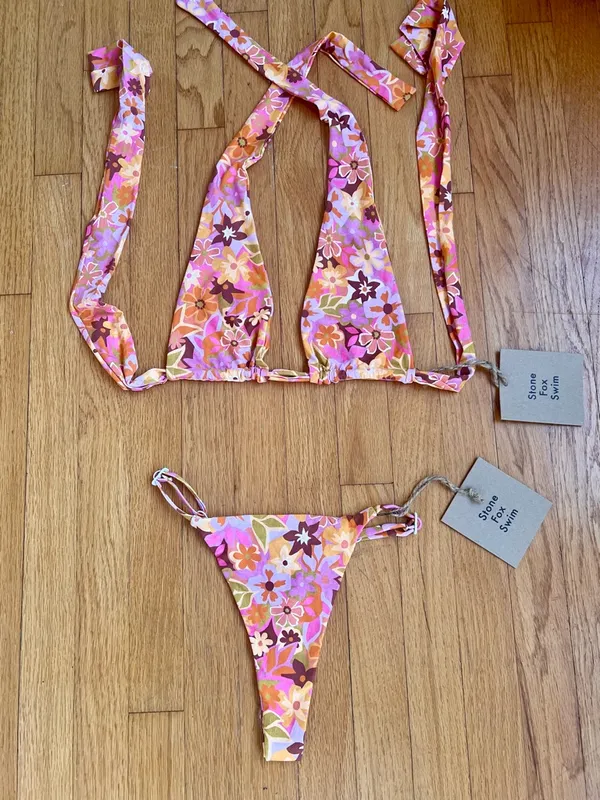 Stone Fox Swim Floral Triangle Bikini Set NWT Adjustable 2 Way Top High Cut - Image 2