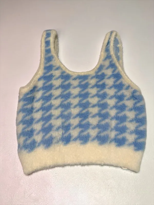 Aeropostale Womens Blue White Houndstooth Fuzzy Knit Cropped Tank Top‎ XS - Image 2