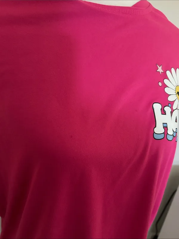 😄 Vibrant Pink Oversized Happy Daisies Short Sleeve Shirt - Image 2