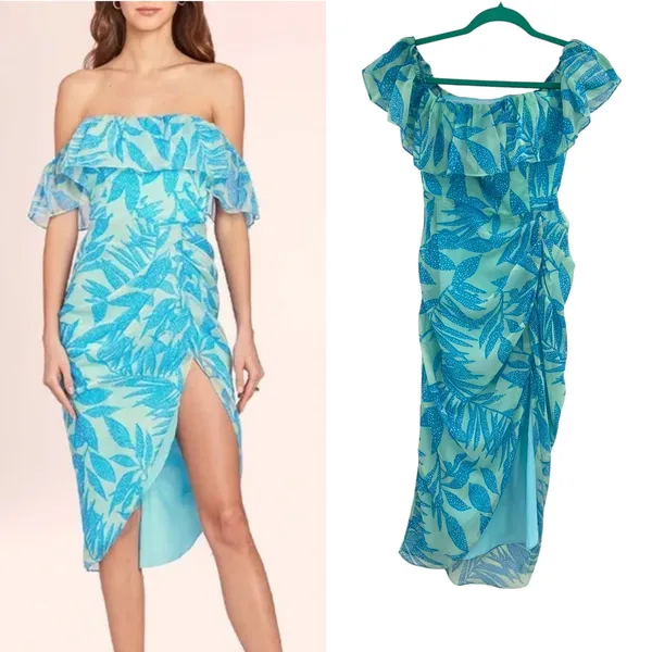 Amanda Uprichard Rosalinda Off-Shoulder Dress Tropical‎ Print Green Blue Size XS - Image 2