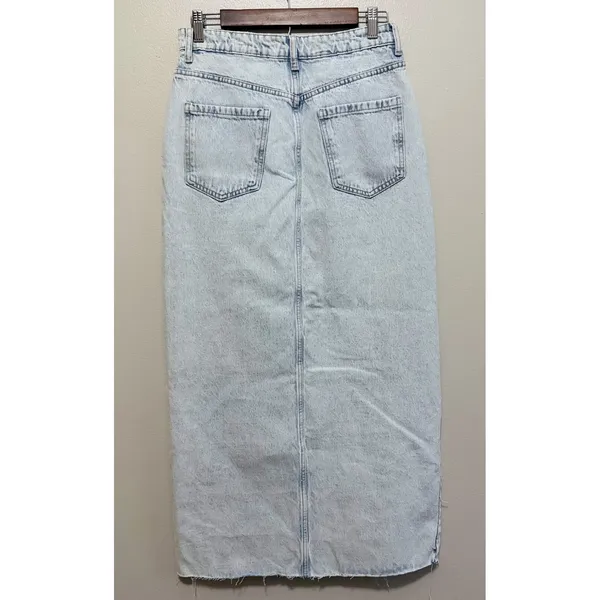Zara Women's Light Acid Wash Denim Maxi Skirt High Waisted Front‎ Slit Raw Hem M - Image 3