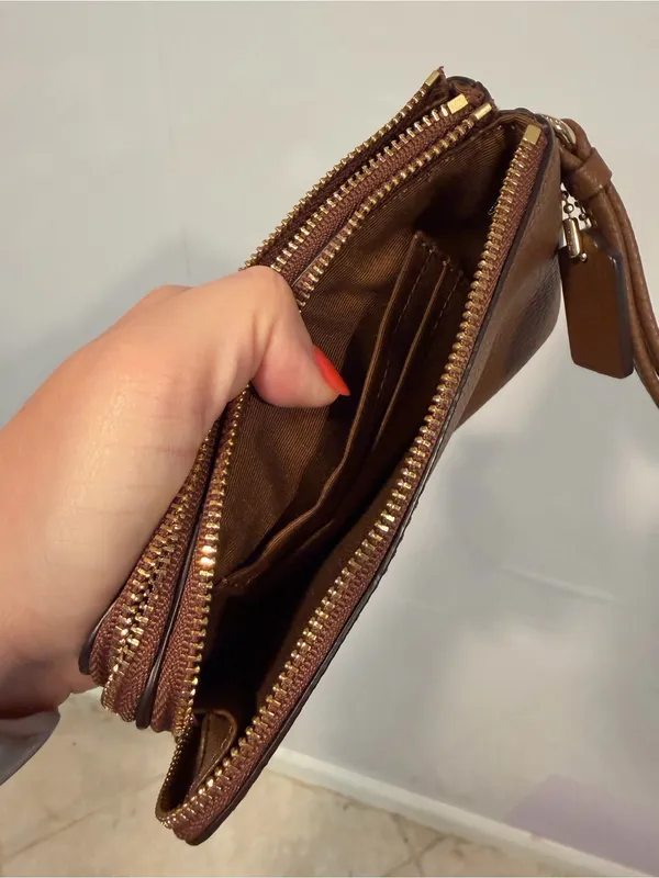 Coach Brown Pebbled Leather Zip Wristlet with Gold Logo - Image 4