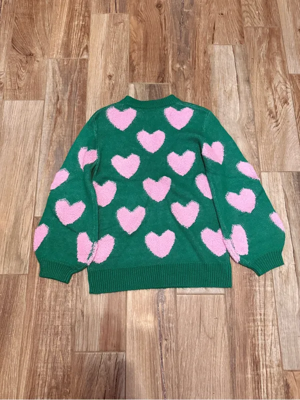 Pink Lily I'll Be There Green Fuzzy Heart Sweater - Image 4