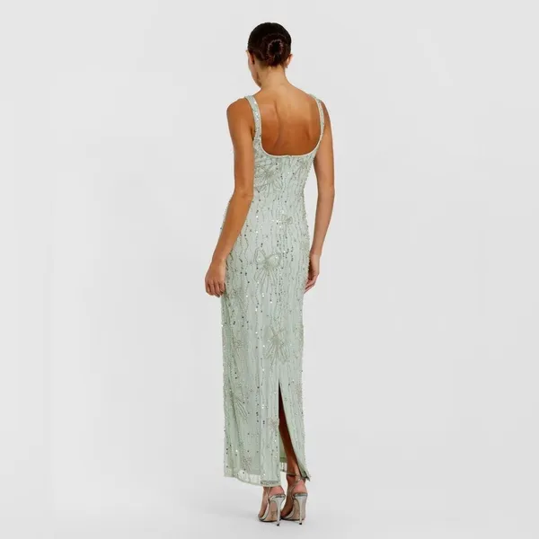 MAC DUGGAL 94129 Green Beaded Mesh Scoop Neck Fitted Gown With Bows - Image 7