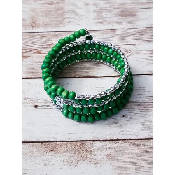 Vintage Wrap Bracelet / Bangle Green & Silver Tone - Image 2