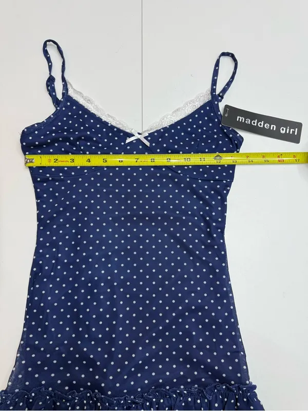 Madden Girl Navy Blue Polka Dot Lace Trim Ruffle Mini Dress Size S - Image 8