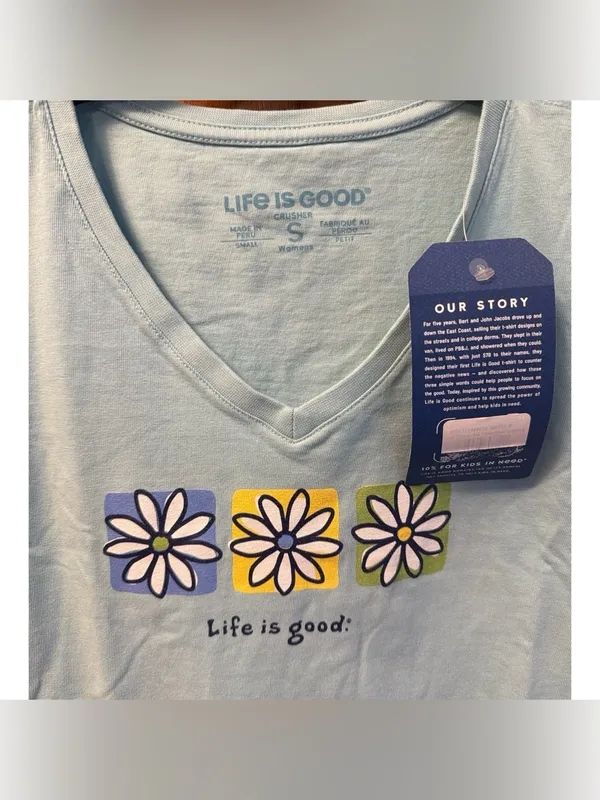 Life Is Good Light Blue V-Neck Tee with Daisy Squares - Image 4