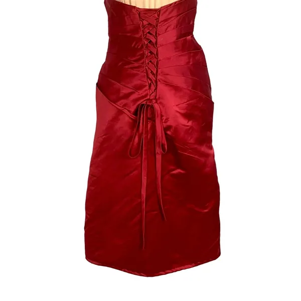 Glam Strapless Red Satin Pleated Cocktail Dress Corset Back M Hoco Bridesmaid - Image 6