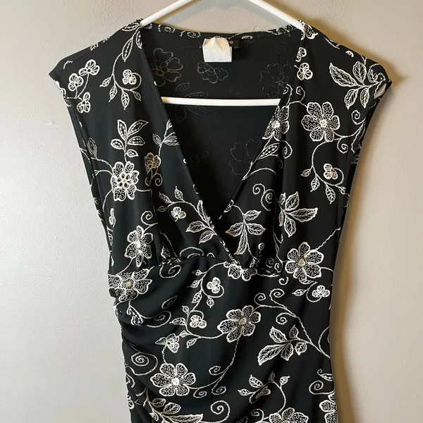Vintage Y2K Black Floral Midi Dress Ruched Waist Sleeveless Romantic Soft Goth S - Image 2
