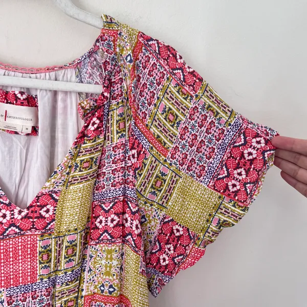 Anthropologie Robin Tiered Ruffle V-Neck Mini Dress Colorful Patchwork Print - Image 4