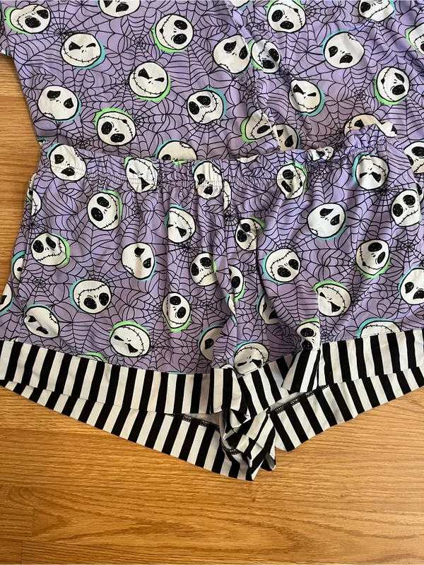 Disney Purple Skull-Print Kids Pajama Set with Black & White Stripe Trim - Image 4