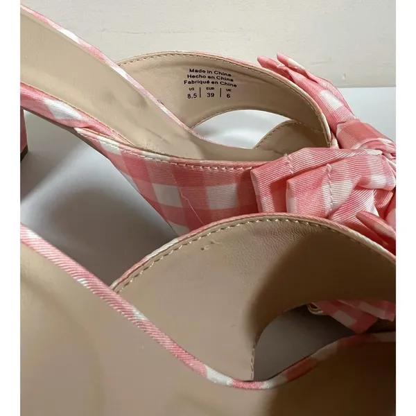 Draper James RSVP Pink White Gingham Plaid Checkered Bow Peep-Toe Open-Toe Heels Sandals Slides Shoes Size 8.5 🤍🩷 - Image 8